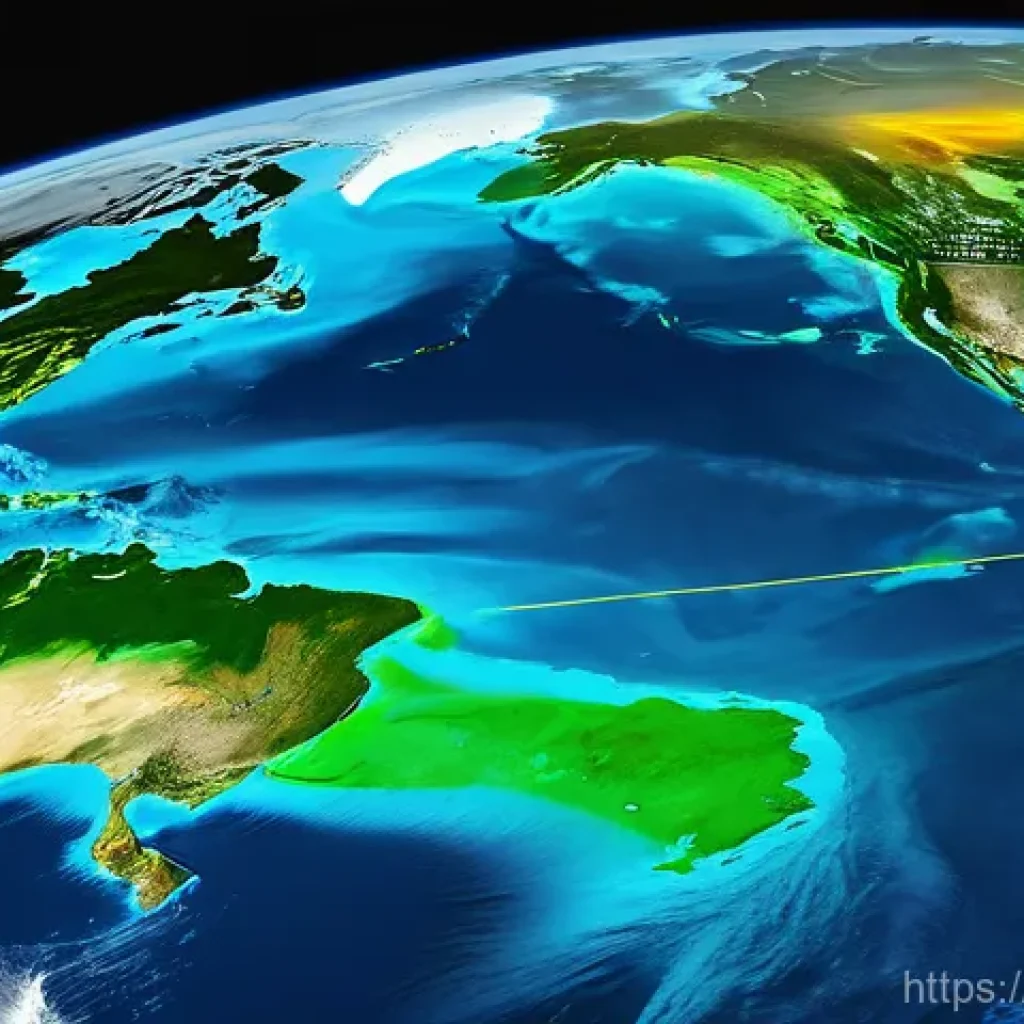 지구 관측 위성과 환경 모니터링 - **Global Climate & Ocean Monitoring:** An awe-inspiring, high-angle view of Earth from space, focusi...