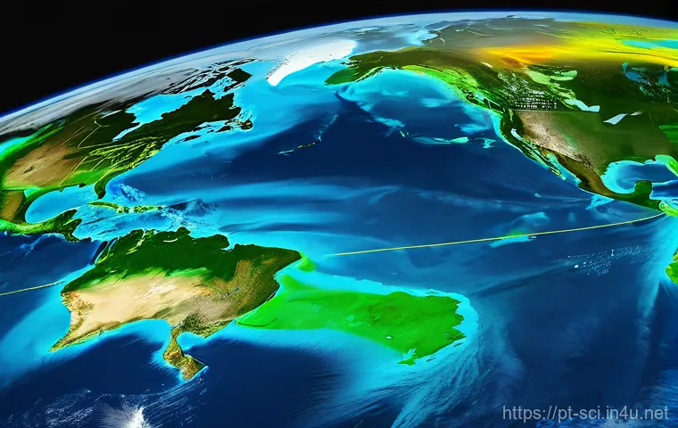 지구 관측 위성과 환경 모니터링 - **Global Climate & Ocean Monitoring:** An awe-inspiring, high-angle view of Earth from space, focusi...