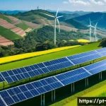 신재생 에너지 통합 시스템 - A vibrant and detailed landscape illustrating a hybrid renewable energy system in a rural Brazilian ...