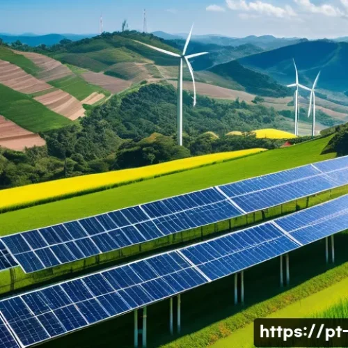신재생 에너지 통합 시스템 - A vibrant and detailed landscape illustrating a hybrid renewable energy system in a rural Brazilian ...