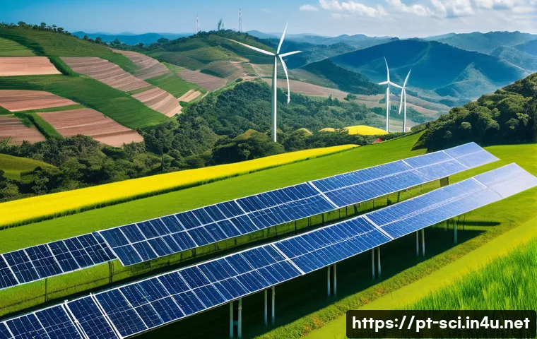 신재생 에너지 통합 시스템 - A vibrant and detailed landscape illustrating a hybrid renewable energy system in a rural Brazilian ...