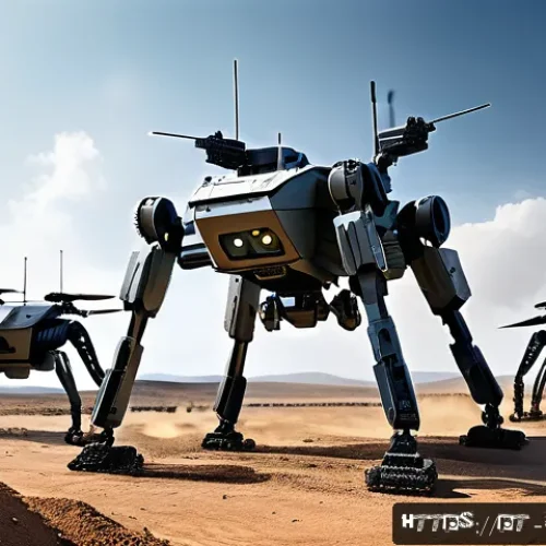 자율 로봇과 군사 기술 적용 - A highly detailed futuristic military battlefield scene showcasing advanced autonomous robots workin...