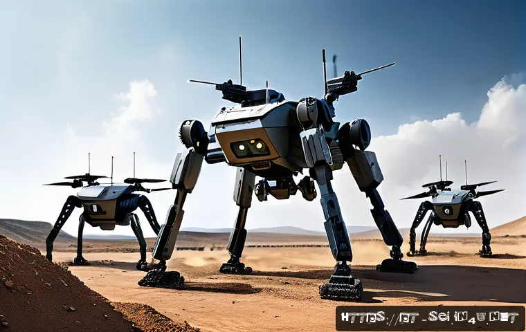 자율 로봇과 군사 기술 적용 - A highly detailed futuristic military battlefield scene showcasing advanced autonomous robots workin...