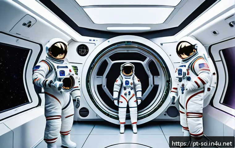 우주 정거장과 인공 중력 실험 - A futuristic space station interior showcasing a rotating habitat module generating artificial gravi...