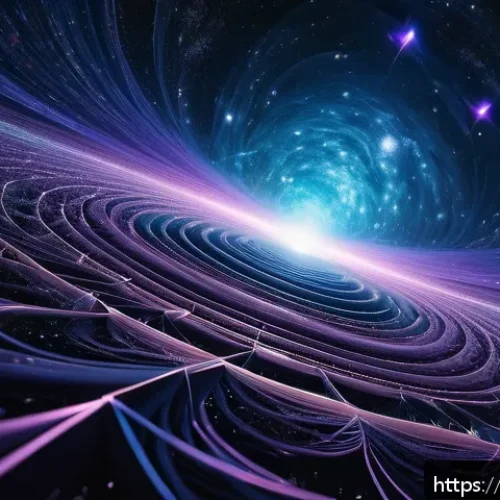 초끈 이론의 수학적 구조 - A highly detailed cosmic scene illustrating the concept of multidimensionality: visualize a vast, st...