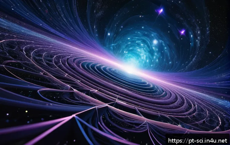 초끈 이론의 수학적 구조 - A highly detailed cosmic scene illustrating the concept of multidimensionality: visualize a vast, st...